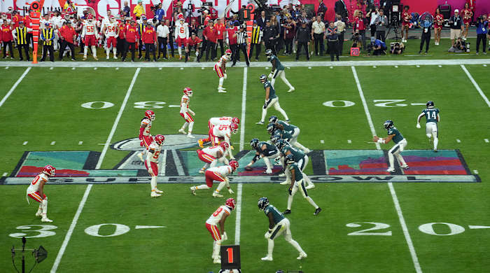 A general view as the Philadelphia Eagles line up against the Kansas City Chiefs during the first quarter in Super Bowl LVII at State Farm Stadium in Glendale on Feb. 12, 2023.